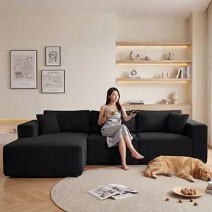 TLLMOON Viral Boneless Freely Combinable Modular Sectional Sofa Cloud Couch with Deep Seat DIY L Shape Sectional with Chaise Upholstered Couches for Living Room Corduroy BLACK Left Facing Chaise