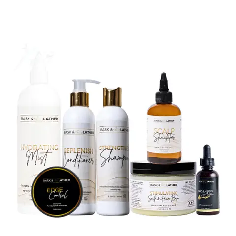 Bask & Lather Mega Live Exclusive Bundle - Jumbo Scalp Stimulator, Hydrating Mist, Stimulating Balm, Strengthen Shampoo, Replenish Conditioner, Edge Control, Gro & Glow Vitamins