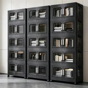 2/3/4/5 Tier Foldable Storage Cabinet with Magnetic Clear Doors & 360° Wheels – Stackable Plastic Storage Bins with No Tools Assembly, Rolling Organizer for Bathroom, Bedroom, Kitchen, Office, Dorm, Space-Saving Dark Gray Multi-Purpose Storage