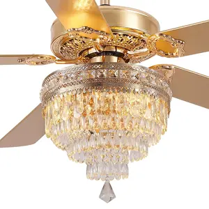 Asyko Luxurious Crystal Chandelier Ceiling Fan Light 52/62 Inch with Remote Control Noise-free LED Lights Reversible Airflow DC Motor Gold/Black Modern Design Adjustable Lighting