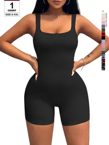 Women's Solid Color Sand-Washed Tie-Dye Jumpsuit, Seamless Ribbed Bodysuit, Square-Neck Tummy-Control Fitness Unitard, Casual Knit Romper