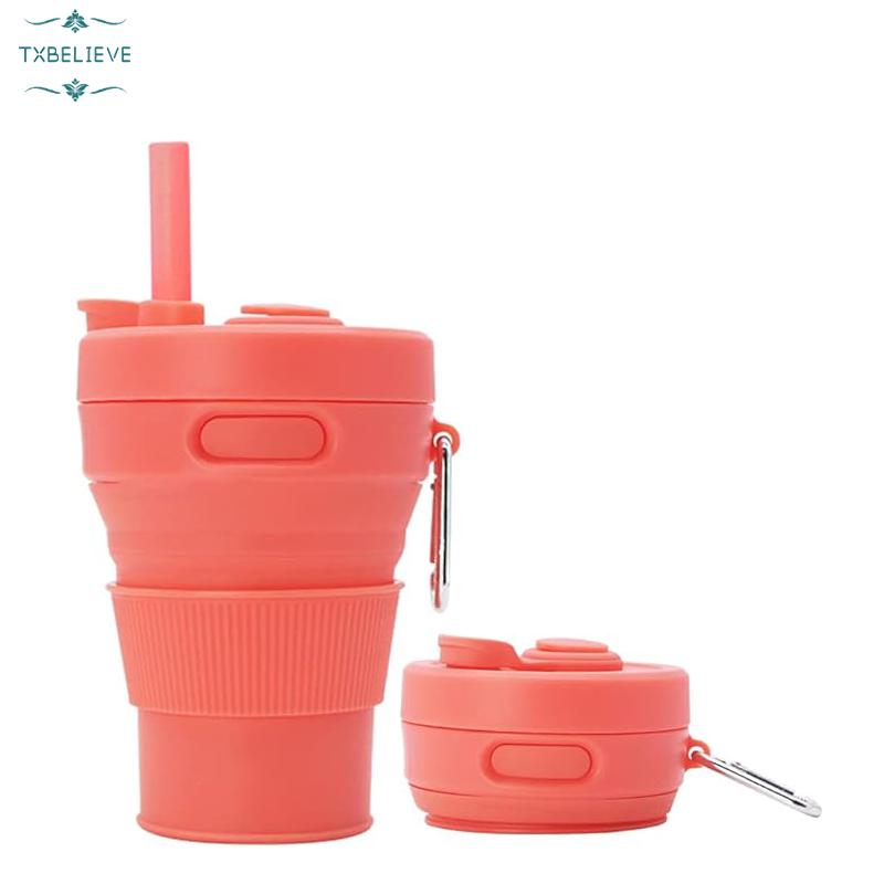 Silicone Coffee Mug Collapsible Cups for Camping Folding Travel with Straw Reusable Portable Drinking Cups Outdoor Hiking 450ml (Green-450ml, 1)