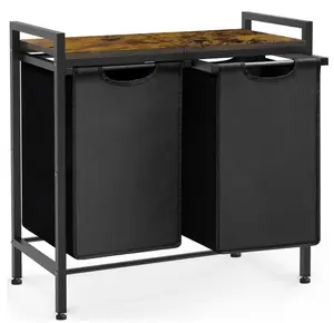 Large Laundry Hamper Sorter with 2 Removable & Pull-Out Sorting Bags, Wooden Top Shelf, Versatile Laundry Basket Organizer for Laundry Room, Bathroom, Dorm, 10 * 2 Gal, Black