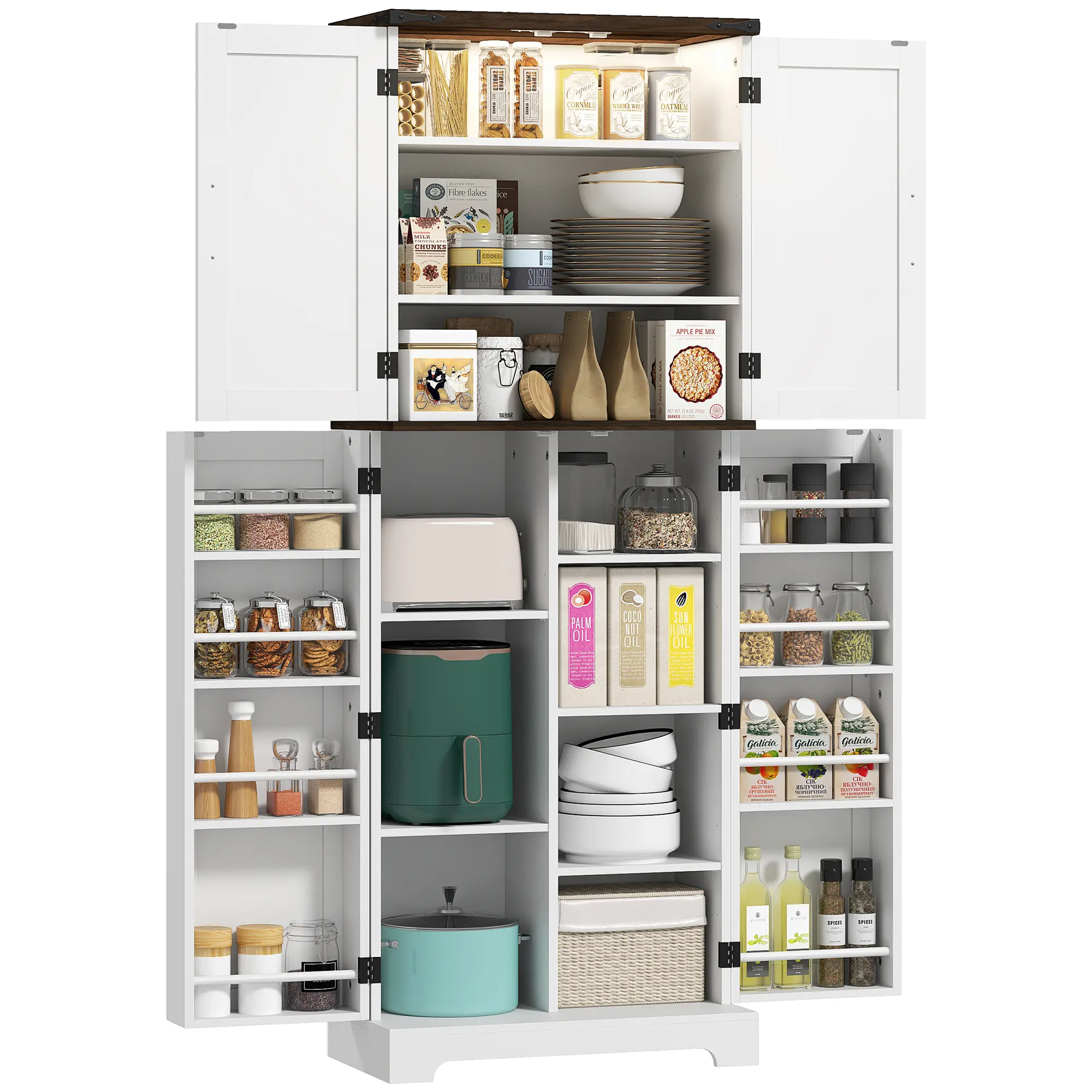64" Tall Kitchen Pantry Cabinet – White, Motion Sensor LED Light, 10 Shelves, 8 Spice Racks, Adjustable Shelves, Anti-Tipping, 145.5 lbs Capacity