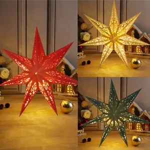 Vintage style hanging star lantern, Led lantern - 7-cornered paper star lampshade with hanging ring, red/gold - Christmas, New Year, Valentine's Day decoration, Hanging ornament - indoor/outdoor party decoration, suitable for home, tree or desktop