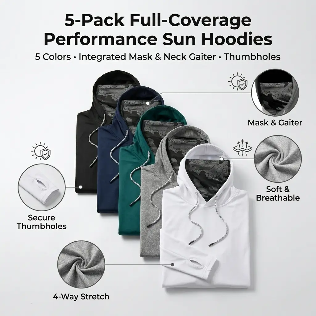 5 Pack Unisex Breathable Quick Dry Hoodies with Built-In Face Cover, Lightweight Cooling Long Sleeve Compression Shirts, Performance Activewear for Fishing, Running, Hiking, Outdoor Adventures, Construction and Exercise
