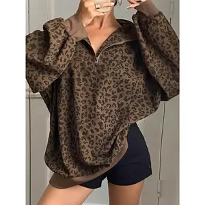 [Leopard Print Hoodie] Leopard Print Women's Casual Zip-Up Hoodie - Long Sleeve, Loose Fit, Half-Zip Design, Brown & Black Retro Style for Spring/Summer/Fall Sexy Micro Bikini Set