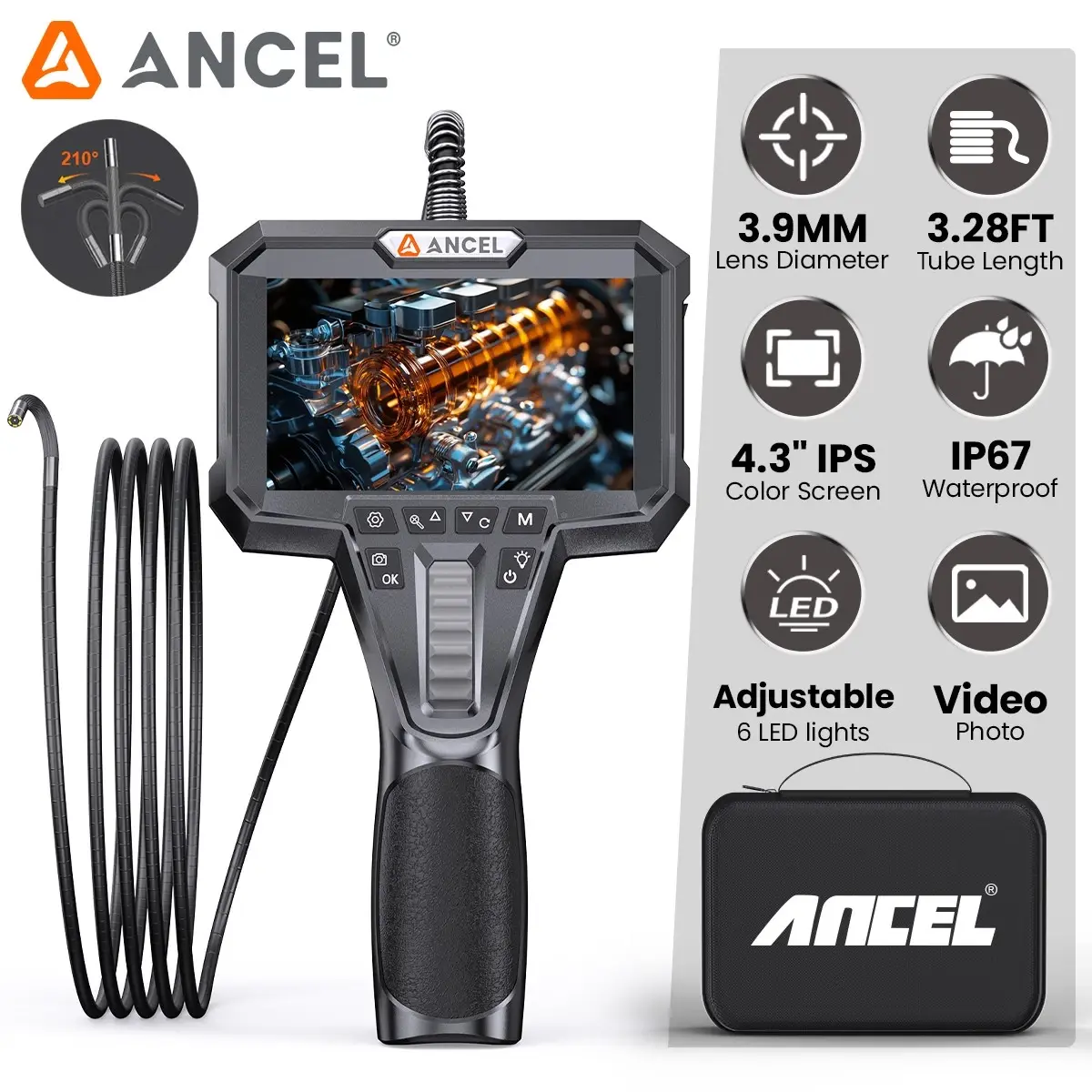 【Flash Sale】ANCEL AN303 Two-way 210° Articulating Inspection Endscope 3.9MM Camera Borescope