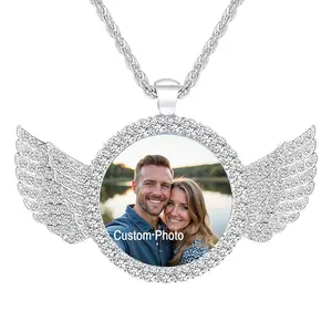 Men's Personalized Customized Photo Necklace, 3mm Angel Wings Custom Necklace, Memorial Photo Necklace for Women, Father's Day Gift