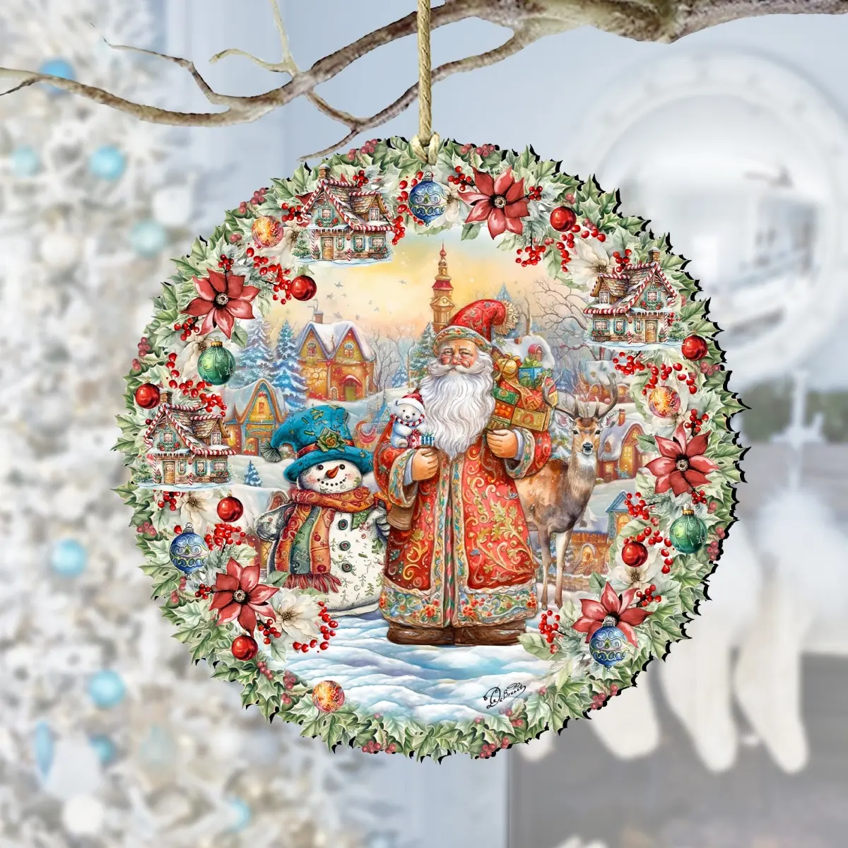 Designocracy 8611069 Sturdy UV-Protected Handcrafted Wooden Christmas Ornaments, 5x5.5x0.25in Santa-Snowman-Wreath Decorations, Festive Home Collectibles for Holiday Gifting with Gift Bag