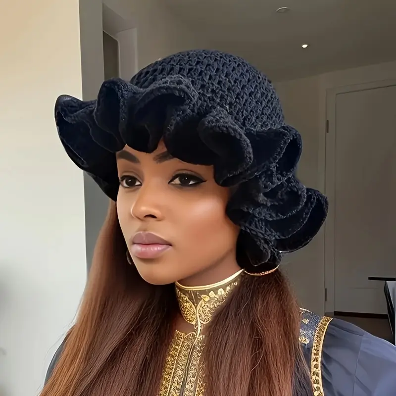 Elegant Black Crochet Ruffle Beanie - Warm Knit Winter Hat with Decorative Pleated Design, Stretchy, Machine Washable, Crochet Hat Perfect for All Seasons,