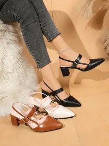 Vintage Pointed Toe Cross Strap Chunky Heel Leather Sandals, Adjustable Buckle Back Hollow High Heels, Casual Women's Shoes for All Seasons Footwear