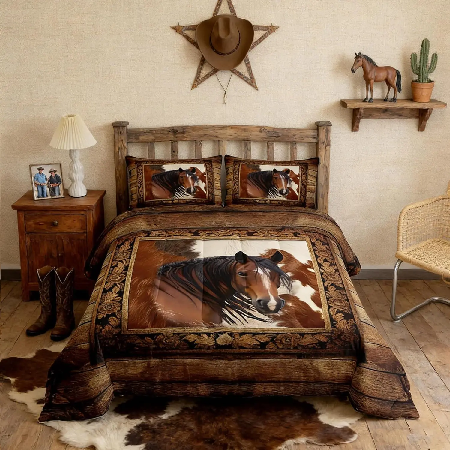 Horse Comforter Set Brown Cowhide Bedding Set Rustic Farmhouse Quilt Set Adult Room Decor Vintage Animals Cow Fur Duvet Insert