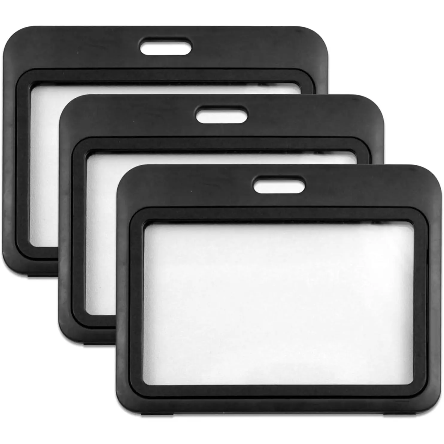 3-Pack Horizontal Hard Plastic ID Badge Holders - Double-Sided Black Card Case for Office, School, Credit & Access Cards