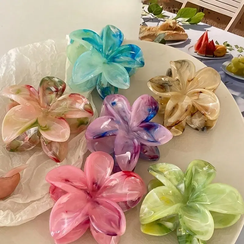 3/6pcs Set Of Women's Ombre Flower Hair Clips, Fashion Hair Accessories, With Simple Design, Solid Color Clips Are 8cm-3.15in Large And Lightweight, Made Of Plastic, Perfect For Daily Use, Casual Days, Parties, Commuting, Vacation
