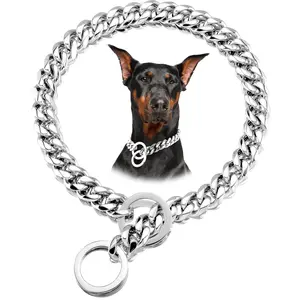 Dog Chain Collars Silvery Chain Dog Collar 12mm Cuban Link Dog Collar with O ring Lock Stainless Steel Metal Dog Chain for Puppy Small Medium Large Dogs