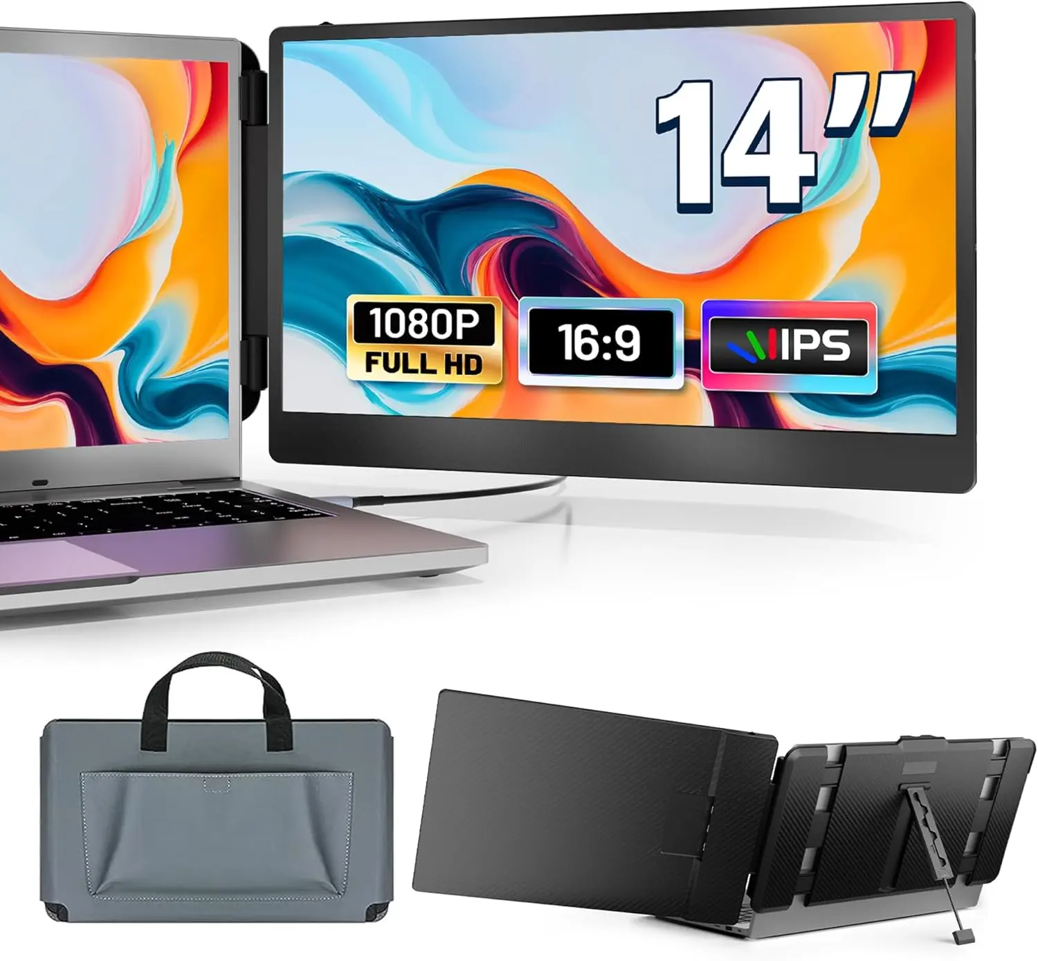domyfan 14" Portable Laptop Monitor Extender, FHD 1080P IPS Dual Laptop lcd Screen External Extender, HDMI/USB-A/Type-C Plug and Play for Windows, Mac, Chrome, Android, Xbox, Switch, PS5, Work with 13.3”-17” Laptops