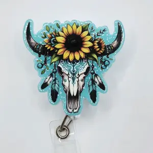 Western Bull Skull with Sunflower Glitter Acrylic Retractable Badge ID Reel Belt or Alligator Clip