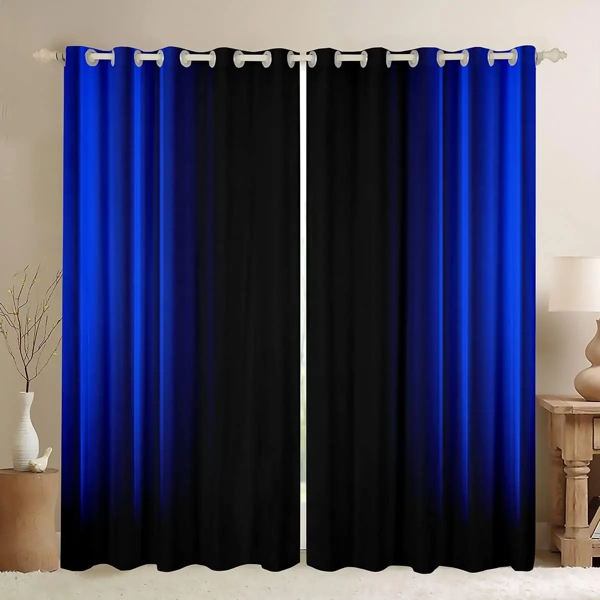 Feelyou Geometric Abstract Ombre Curtain Panels - Dark Blue and Black Striped Decorative Privacy Drapes, Modern Black Curtains for Bedroom, Household Textile Decor, Black Curtains Bedroom