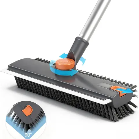 3-in-1 Sturdy Heavy-Duty Plastic Floor Scrub Brush with Long Adjustable Handle - Home Care Supplies, 360° Scrub Rotation, Stiff Bristles, Squeegee, Hair Clip Accessory, All-Scene Cleaning, Grout-Deep Clean for Tile, House Cleaning Broom Gadget