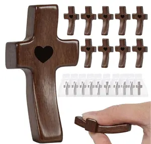 Handmade 10Pcs Wooden Cross Fidget Bulk with Organza Bags - Stress Relief Pocket Cross My Heart for Christian, Pocket Prayer Cross, Religious Easter Day Gifts, for Church