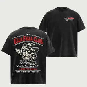 Retro The Ella Fella Club Print Washed Black T-Shirt, Vintage 1-800-777-FELLA Ella Langley Choosin' Texas Country Music Tee, Oversized Casual Short Sleeve Top for Fans Daily Wear