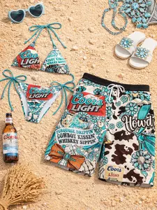 Coors Couple Swimwear Set – Matching Bikini & Men’s Beach Shorts, Cowboy Summer Vacation Beachwear Outfit Style