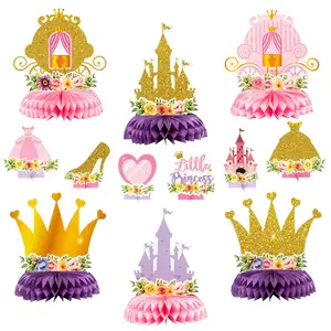 12Pcs Floral Princess Party Honeycomb Centerpieces - Pink Gold Castle Crown Carriage Table Toppers for Girls