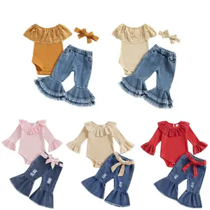 Newborn Baby Girl Fall Winter Clothes Bell Bottom Denim Outfit Rib Frill Long Sleeve Ribbed Romper Flared Denim Jean Pants 2Pcs Set
