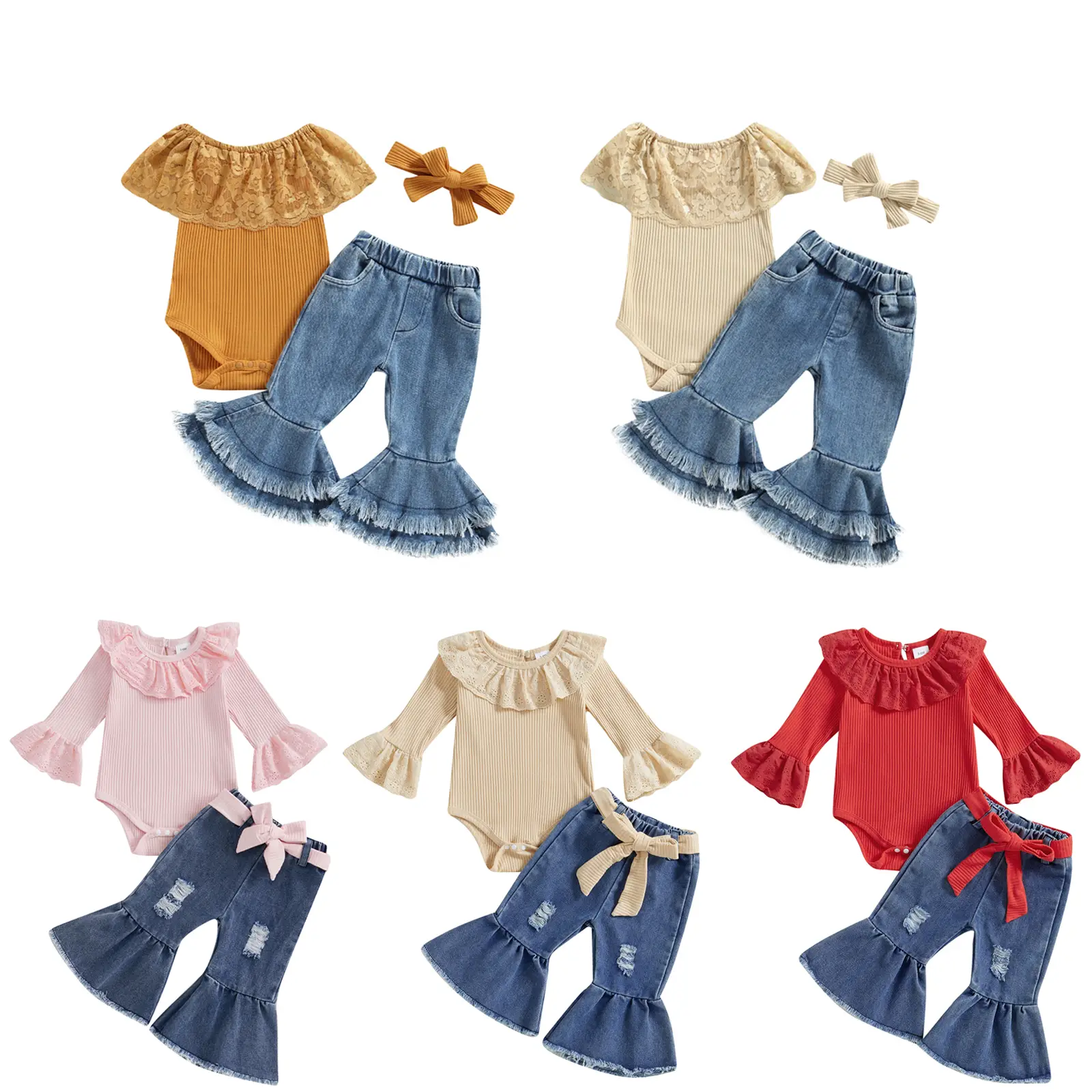Newborn Baby Girl Fall Winter Clothes Bell Bottom Denim Outfit Rib Frill Long Sleeve Ribbed Romper Flared Denim Jean Pants 2Pcs Set #Springtok