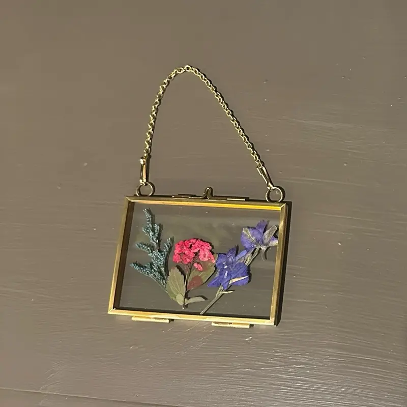 Pressed Flowers in Glass Frame with Gold Chain Hanger for Decor
