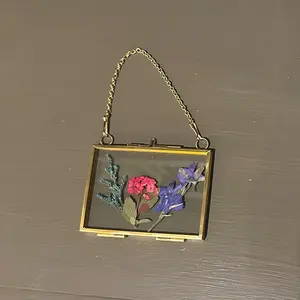 Pressed Flowers in Glass Frame with Gold Chain Hanger for Decor