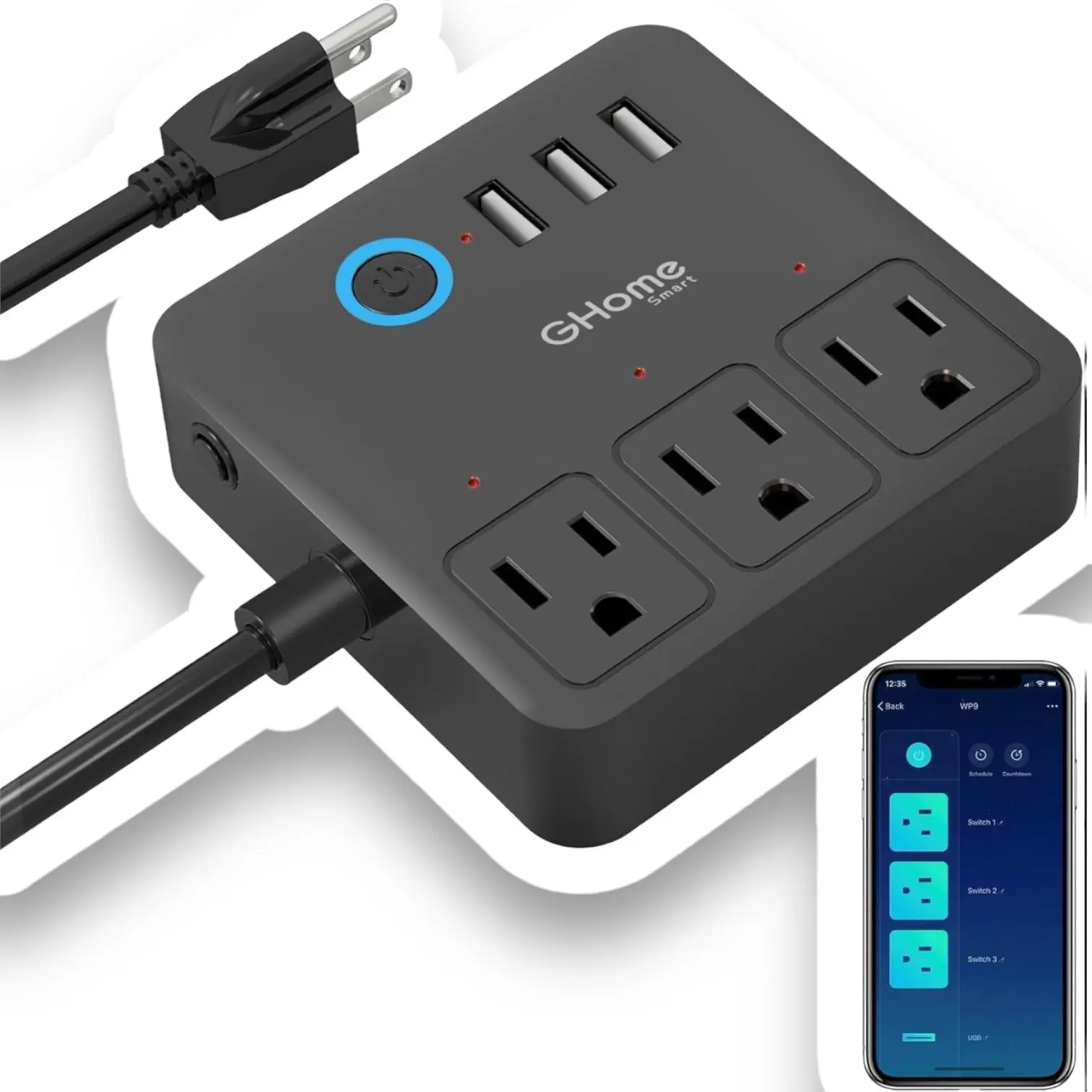 Power Strip, 3 USB Ports and 3 Individually Controlled Smart Outlets, Wifi Surge Protector Works with Alexa Google Home, Home Office Cruise Ship Travel Multi-Plug Extender Flat Plug, UL