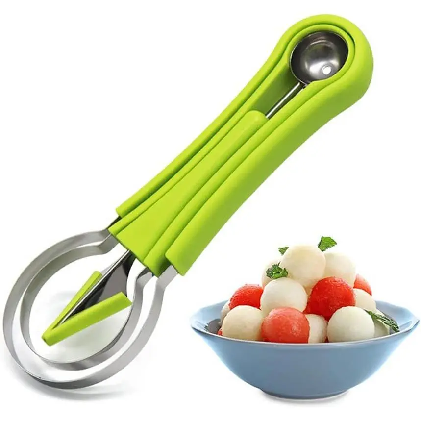 1PCS 4-in-1 Stainless Steel Melon Baller Scoop Set – Watermelon Cutter & Fruit Carving Tool, Seed Remover & Scooper for Veggies, Salad & Ice Cream, Durable Rust-Proof, Ergonomic Grip, Dishwasher Safe, Essential Kitchen Gadget (Green)