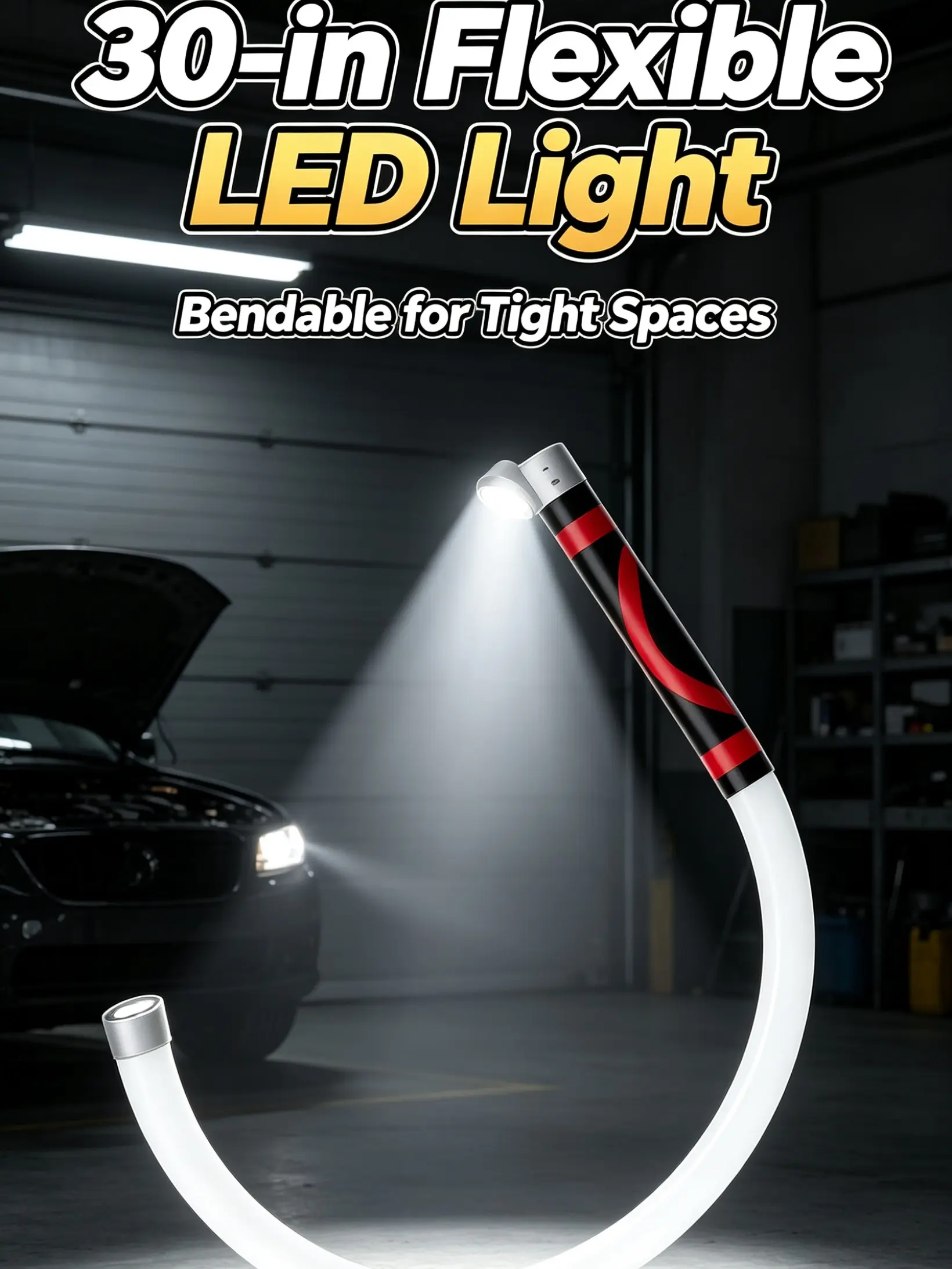 30-in Flexible Rechargeable LED Light Stick - Adjustable Flashlight, Portable Mechanic Light with 3 Modes, Wrapping & Hanging Features for Car Repairs, Under Hood Garage Inspection