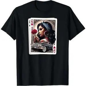 Cotton Short Sleeve T-Shirt Featuring Lowrider Chicana and Chicano Art Retro Low Rider Style