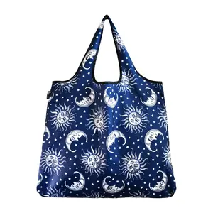 212 MAIN J4435 Jumbo Polyester Shopping Bag - Eco-Friendly, Stylish Look, Large Size, Foldable, Versatile, Reusable with Attached Elastic (Moon & Sun Design), Tote Bags, 55Lbs Max, Elastic Strap