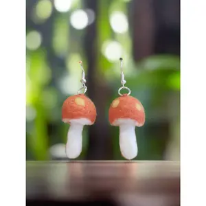 Orange and White Mushroom Mini Needle Felted Dangle Earrings
