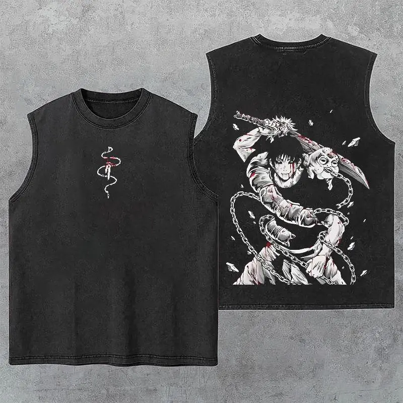 Toji Fushiguro Jujutsu Kaisen Washed Tank Top, Sorcerer Killer JJK Anime Graphic Gym Essential, Vintage Cotton Sleeveless Streetwear