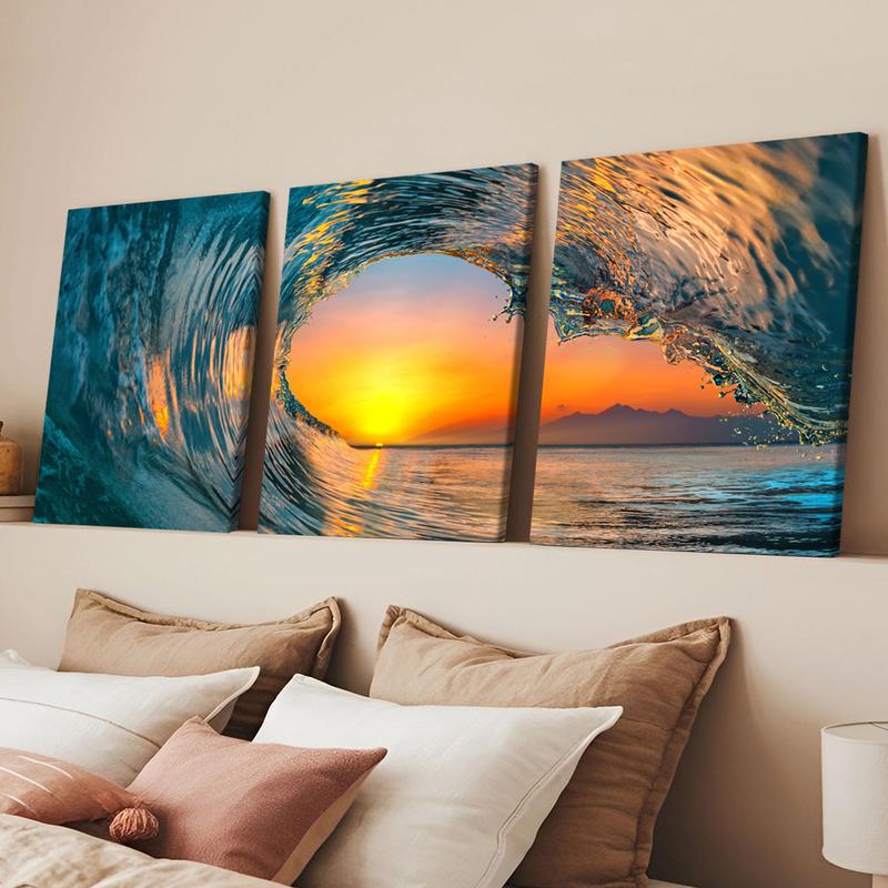 3Pcs Wooden Framed Canvas Painting, Ocean Sunset Beach Waves Scene, Exquisite Poster, Home Decoration, Pattern Wall Art Decor, For Living Room, Bedroom, Office, Restaurant, Bar Wall Decor, Odorless, Painting, Print Artwork.