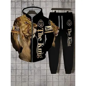 Men's Lion Print Long Sleeve Hoodie & Pants Set Casual Trendy Gift Pack for Him