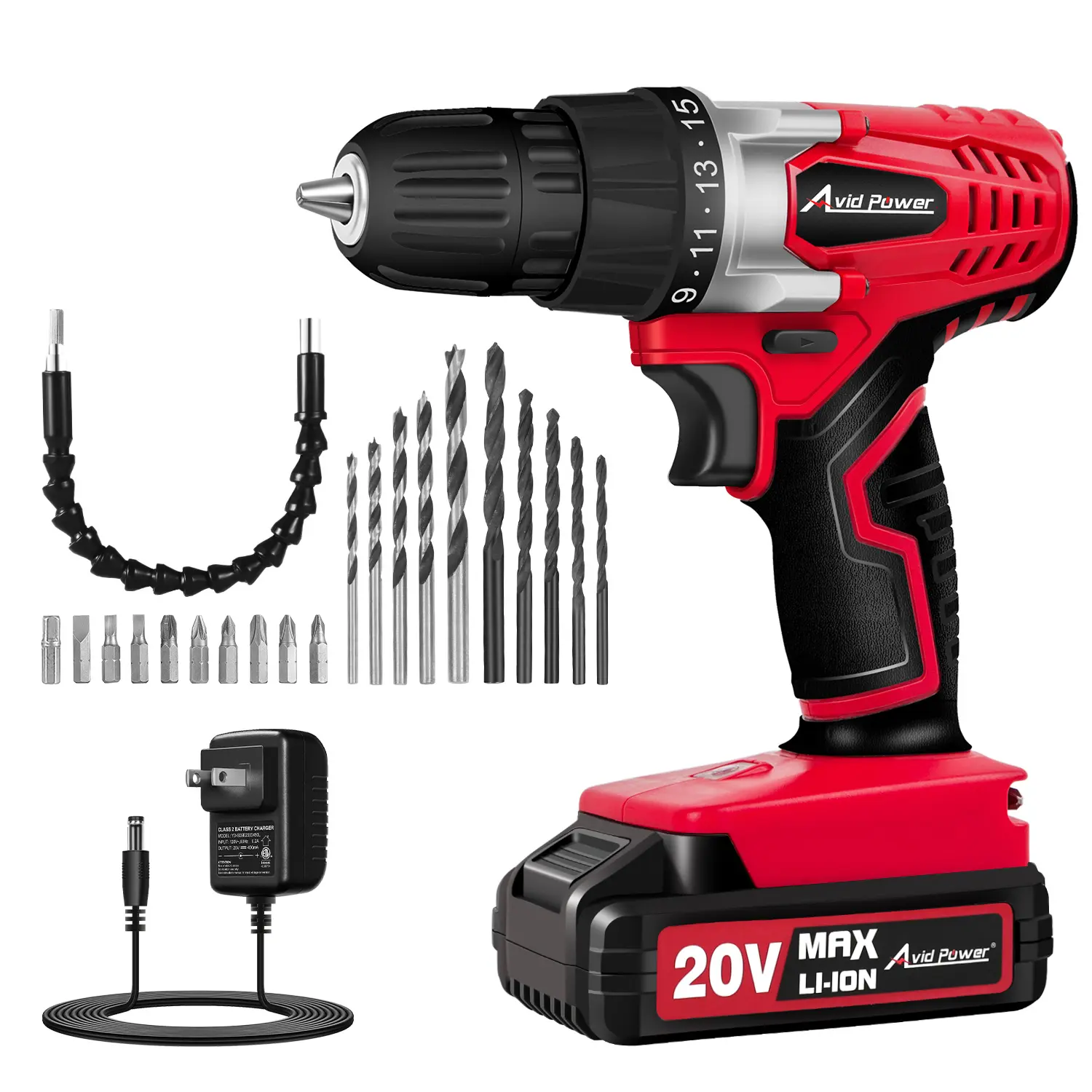 AVID POWER 20V MAX Lithium lon Cordless Drill Set, Power Drill Kit with Battery and Charger, 3/8-Inch Keyless Chuck, Variable Speed, 16 Position and 22pcs Bits