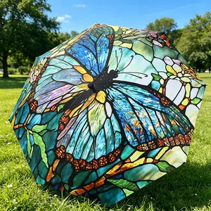Manual Open & Close Folding Umbrella, Blue Gold Floral Butterfly Pattern, 8-Rib Sturdy Structure, Portable Lightweight Travel Parasol