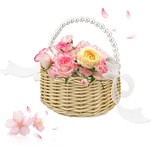 Large Handwoven Wicker Flower Girl Basket with Pearl Handle and Ribbon Bow for Outdoor Picnic Home Wedding Decor Photo Props