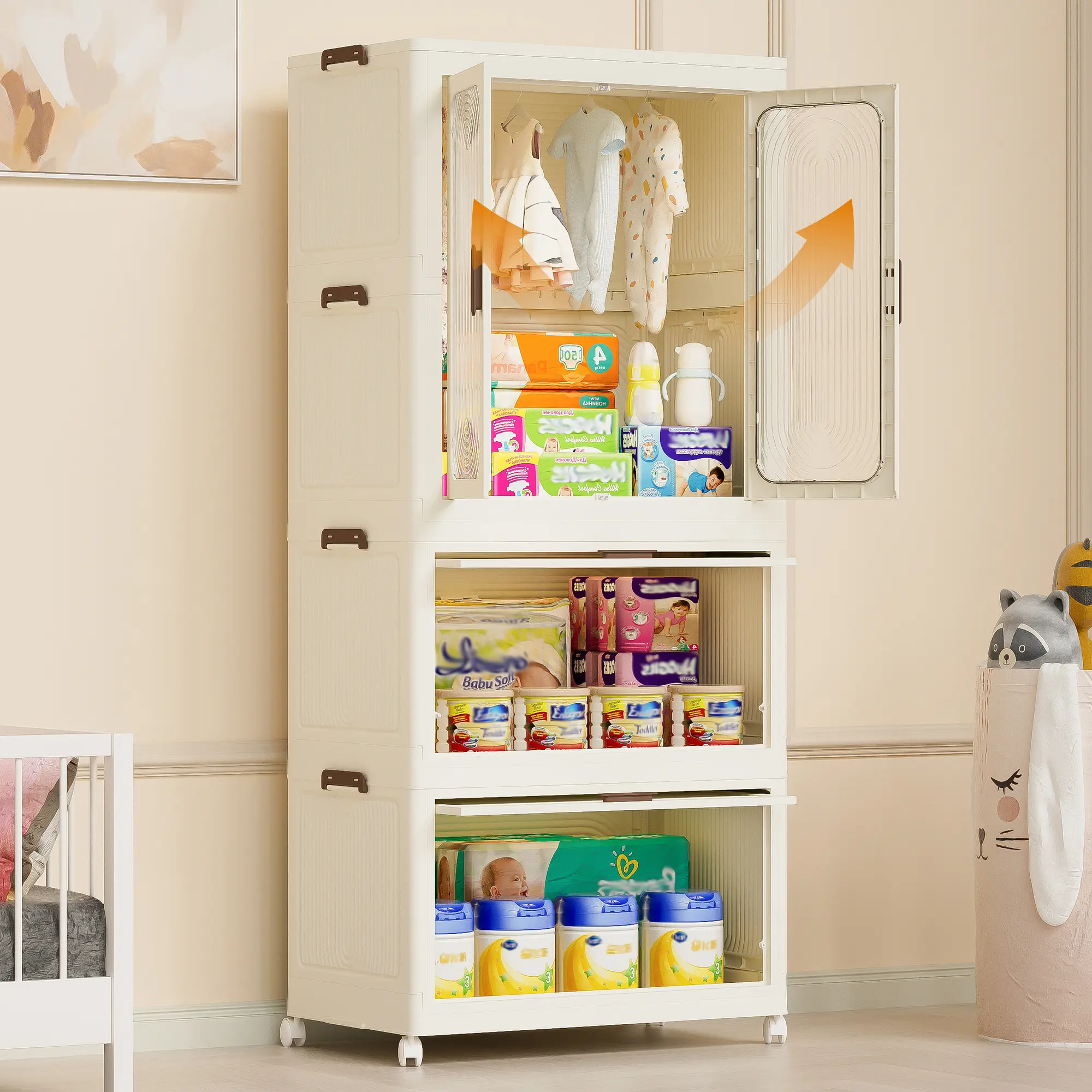 Portable Modular Wardrobe Storage Organizer, Freestanding Clothes Dresser Cabinet with Magnetic Doors, 4‑Cube Storage Unit & Hanging Rod, Come with 10 Pieces Hangers, White Baby Closet for Bedroom & Apartment