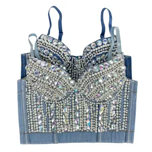 Tank Tops Sexy DJ Club Denim Handmade Beading Acrylic Drill Glisten Fishbone Summer Rave Outfits Women Shaper Camisole Ladies Blusas Sling Wedding Party Blind Date Stage Party Shaper Ladies Crop Shirt Vest Camis Corset Clothes Camiseta Mujer Crop Top