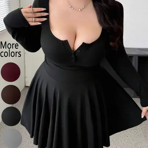 Women's Plus Size Deep V-Neck Long-Sleeve Fit-and-Flare Mini Dress, Button Front Dress, Feminine Casual Wear, Soft Stretch Fabric with Cinched Waist Design, Quiet-Luxury Y2K Style for Date Nights & Casual Outings