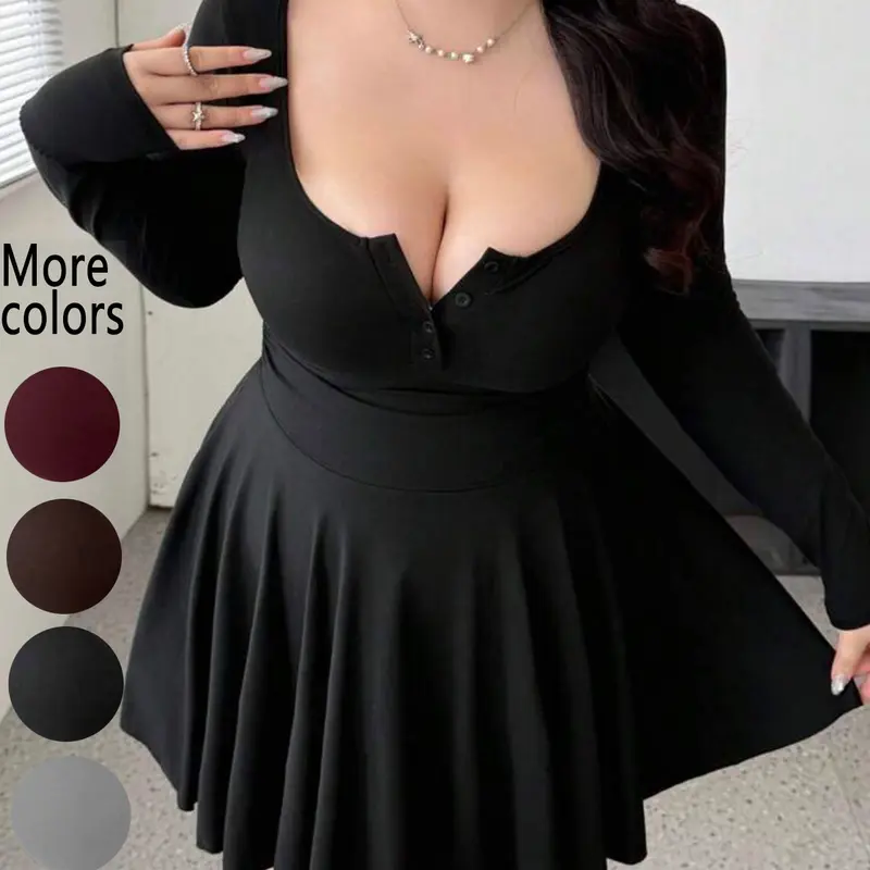 Women's Plus Size Deep V-Neck Long-Sleeve Fit-and-Flare Mini Dress, Button Front Dress, Feminine Casual Wear, Soft Stretch Fabric with Cinched Waist Design, Quiet-Luxury Y2K Style for Date Nights & Casual Outings