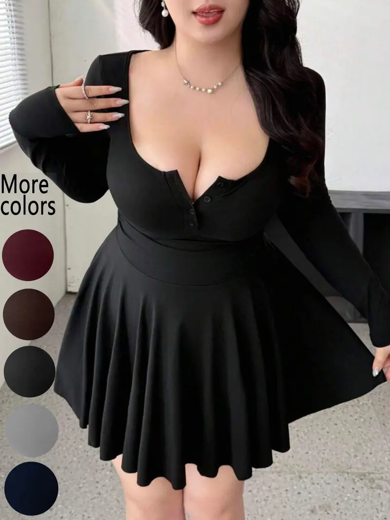 Plus-Size Womenswear Black Short Sleeve U-Neck Flared Mini Dress, Casual  Style, Casual Wear, Feminine, Stretchy Slim-Fit Fabric & Button Front  Detail, For Curvy Women, Perfect for Date Night, Brunch & Party Looks,