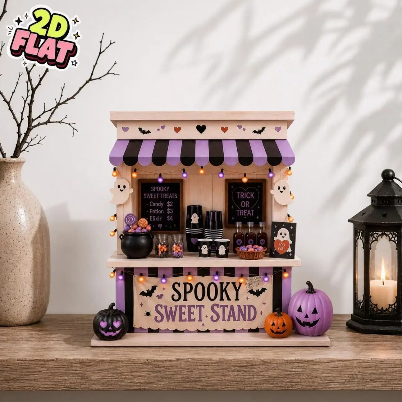 Spooky Sweet Stand Wooden Block Decor, Halloween Candy Stand Shelf Sitter, Ghost Trick or Treat Tiered Tray Halloween Decor